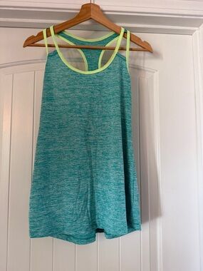 Layer 8 Aqua Heather Racerback Tank with Neon Yellow Trim